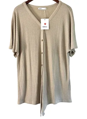 MIHOLL Waffle Knit‎ Button Down Top Tie Front Shirt Blouse XL thumbnail 1
