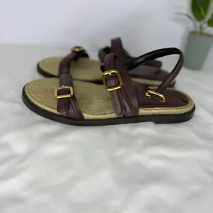 Zara Burgundy Leather Jute‎ Buckle Strappy Flat Sandals Shoes Womens 39 8.5 thumbnail 5