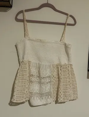By Anthropologie‎ 100% Cotton Cream Lace Babydoll Sleeveless Cutout Top Size XL thumbnail 1