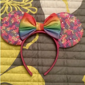 NWOT Disney Minnie Mouse Rainbow Sequin ears satin rainbow bow headband thumbnail 1