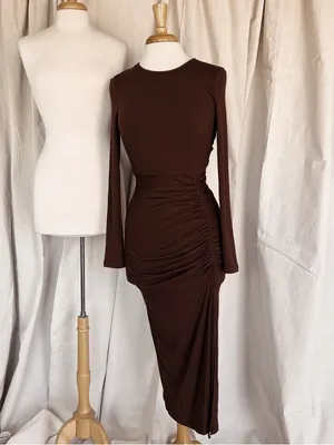 Elegant Brown Ruched Long-Sleeve Midi Dress thumbnail 3