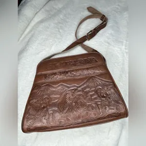 Vintage Hand Tooled Leather Shoulder Bag; dark Caramel Leather W/ Suede Interior thumbnail 3