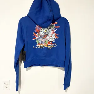 Ed Hardy‎ Blue Tiger Lotus Cropped Hoodie Blue Long Sleeve Full Zip Size XL NEW thumbnail 4