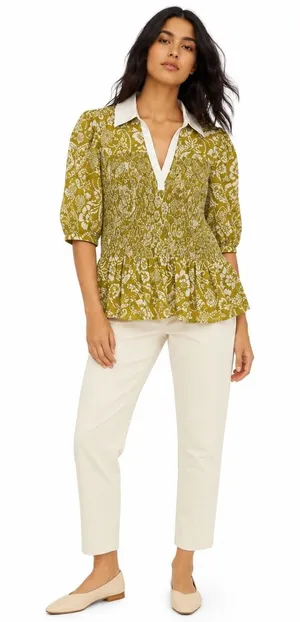 Maeve Blouse Mesh Olive Green Floral Smocked Peplum Cottagecore Boho‎ Womens XL thumbnail 1