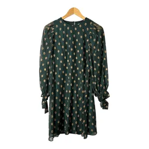 Calvin Klein Shift Dress Women 4 Green Gold Metallic Dot Long‎ Sleeve Tie Cuff thumbnail 3