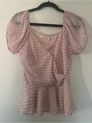 Pink Black Polka Dot Coquette Blouse Small Puff Sleeve Peplum Top Romantic thumbnail 2