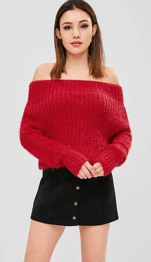 WISHFUL THINKING Red Chenille Eyelash Knit Chunky Off Shoulder Sweater - Sz S/M thumbnail 1