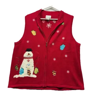 Breckenridge Sleeveless Sweater Vest Full Zip Up Holiday Winter Snowman Red XL thumbnail 1