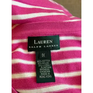 Lauren‎ Ralph Lauren Sweater Womens 1X Pink Striped V-Neck 3/4 Sleeve Preppy thumbnail 2