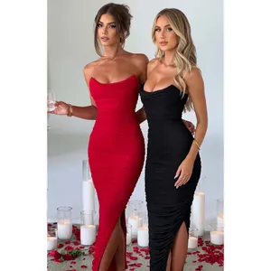 NWT Babyboo Demi Red Ruched Cowl Neck Slit Strapless Bodycon Maxi Dress Size XS thumbnail 5