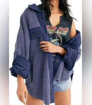 Free People Ruby Oversized Shirt Jacket in Oceana Blue L thumbnail 1