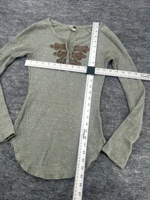 We The Free Free People Thermal Henley Top Olive Green Waffle Knit XS Boho thumbnail 3