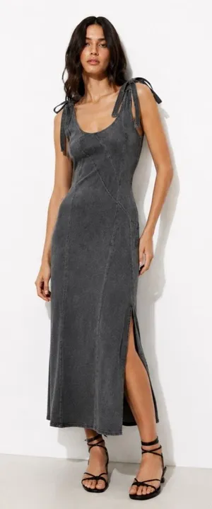 Baevely NEW Faded Black Denim Trapeze Maxi Dress Whimsygoth Grunge Size M Y2K thumbnail 1