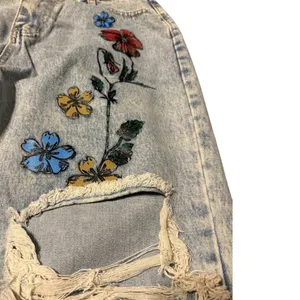 Light Blue Floral Distressed Wide Leg Jeans Size XL (29” Waist) thumbnail 6