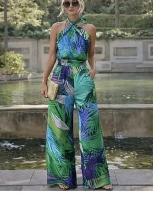 ZARA NWOT Tropical Leaf-print Halter Wide-leg Jumpsuit Green XS thumbnail 4