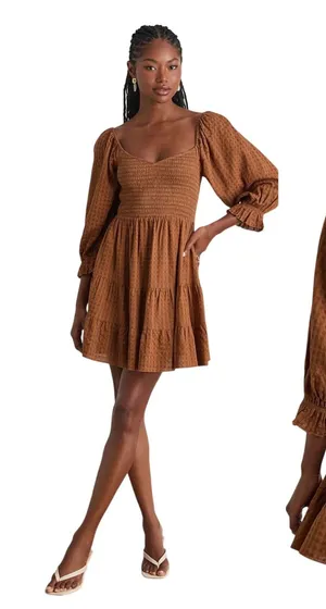 Lulus Charming Afternoon Tan Gingham Balloon Sleeve Mini Dress size M NWT thumbnail 1