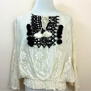 Anthropologie Vineet Bahl Iona Peasant Top Cream Lace Crochet M thumbnail 2