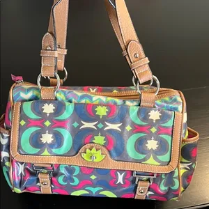 Lily Bloom Multicolor Satchel Handbag‎ Geometric Floral Coated Canvas Brown Trim thumbnail 1