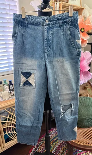 Free People We The Free Down To Earth Boho Hippie Patchwork Denim Jeans thumbnail 1