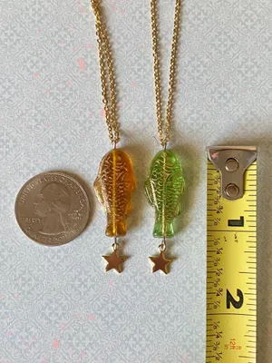 Handmade quality Czech glass amber fish & star boho funky fairy necklace🌀🐟💚 thumbnail 9