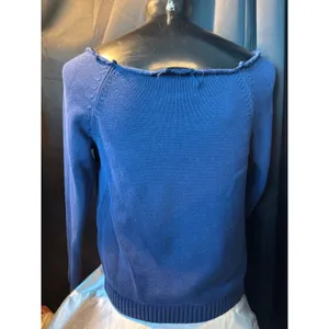 Lands End Drifter Womens XL Blue Cable Knit Cotton Sweater Raw Neck Distressed thumbnail 2