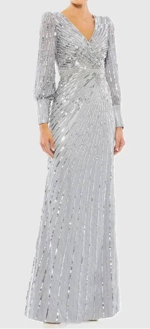 Mac Duggal Sequined Wrap Over Bishop Sleeve‎ Gown 4 Silver Formal Gala Wedding thumbnail 1