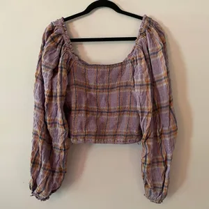 Free People Purple Plaid Puff Sleeve Babydoll Blouse Cropped Women's size Large thumbnail 7