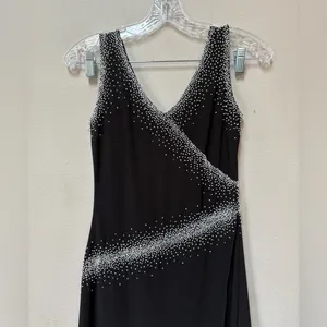 Vintage 90s Black Beaded Midi Dress Asymmetrical Formal Prom Wedding Guest M thumbnail 2