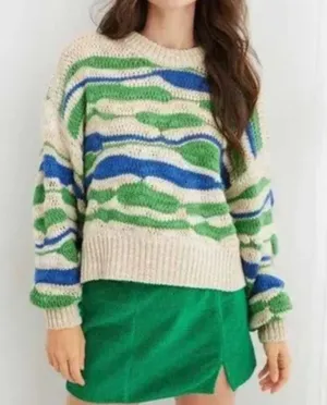 Aerie Long Sleeve Crewneck Chunky Knit Sweater Tan Green Blue Small thumbnail 1