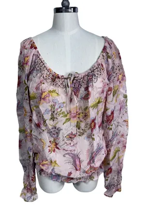 Vintage Revue Boho Floral Smocked Peasant‎ Blouse Pink Rayon Ruffle Hem XL thumbnail 1