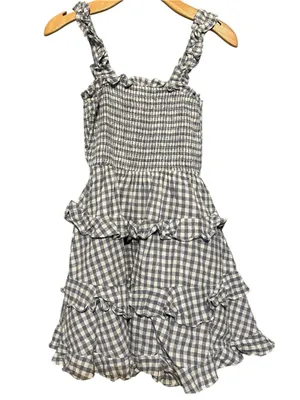 Mable Women’s Size M Blue White Gingham Smocked Tie Back Ruffle Mini Dress thumbnail 4