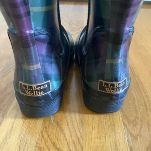 LL Bean Wellie Rain Boots Women 7 Purple Green Plaid Buckle Tall Preppy Heritage thumbnail 5