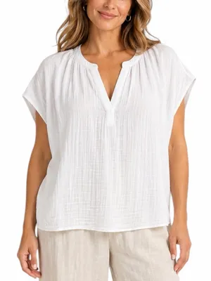 Old Navy Popover Blouse Size XXL White Cotton Gauze Short Sleeve NWT V-Neck thumbnail 1