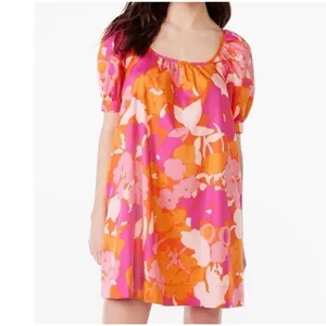 Free Assembly Floral Puff Sleeve Dress XL Pink Orange Open Tie Back With Pockets thumbnail 2