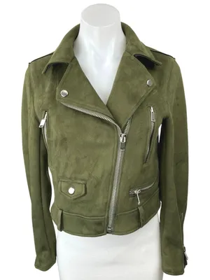 Zara Olive Green Suede Asymmetrical Zip Up Crop Moto Biker Jacket Blazer Coat XS thumbnail 1