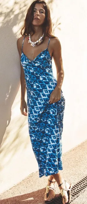 Zara Blue White Printed Cowl Neck Strappy Back Midi Slip Dress Size S thumbnail 1