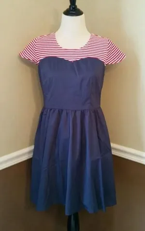 Red White & Blue Striped Top Cap Sleeve Fit & Flare Dress Nautical Size Small thumbnail 1