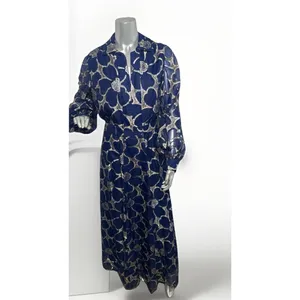 VTG CLIFTON WILHITE 18 Blue Metallic Floral Long Sleeve Gown Couture Dress thumbnail 12