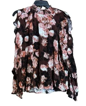 Maurices Top Large Multicolor Abstract Boho Mock Neck Cold Shoulder Ruffles thumbnail 1