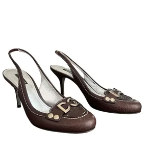 Dolce & Gabbana Women’s Vintage Y2K Brown Round Toe Silver Logo Pump Heels 38 thumbnail 2