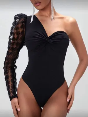 SheIn Black One-Shoulder Bodysuit with Lace Detail thumbnail 1