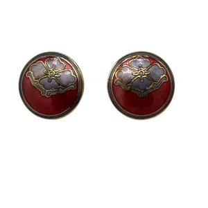 Vintage‎ Cloisonne Earrings Red Purple Flower Enamel Earrings Gold Tone Studs thumbnail 6