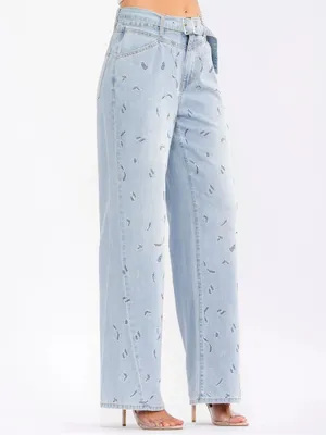 Nordstrom WOMEN'S BUTTON CLOSURE POCKETS RHINESTONES BELTED WIDE LEG DENIM PANTS thumbnail 2