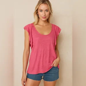 Stark x‎ Pink Linen Flutter Sleeves Scoop Neck Relaxed Fit Top Size XS thumbnail 8