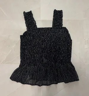Smocked Black Tank Top with Metallic Stripe Detail thumbnail 1