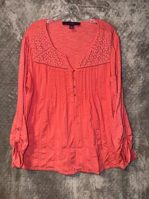 Gloria Vanderbilt Zuri Roll Up Sleeve Blouse Size L Coral Pink Crochet thumbnail 3