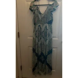 Lily Rose Teal Navy Paisley Cold Shoulder Maxi‎ Dress Ruffle V-Neck Boho Medium thumbnail 4