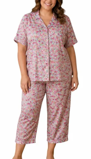 Cabernet Floral Satin Pajama Set XL Button Front Short Sleeve Lounge Sleepwear thumbnail 1