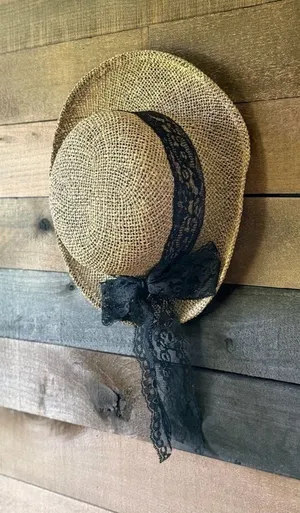 Vintage Straw Sun Hat With Black Lace Ribbon Cottagecore Wide Brim Hat thumbnail 1