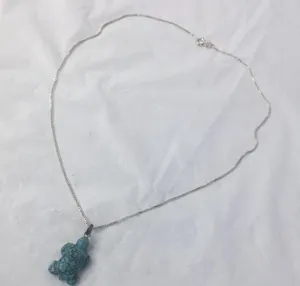Vintage carved turquoise necklace sterling chain 17" thumbnail 4